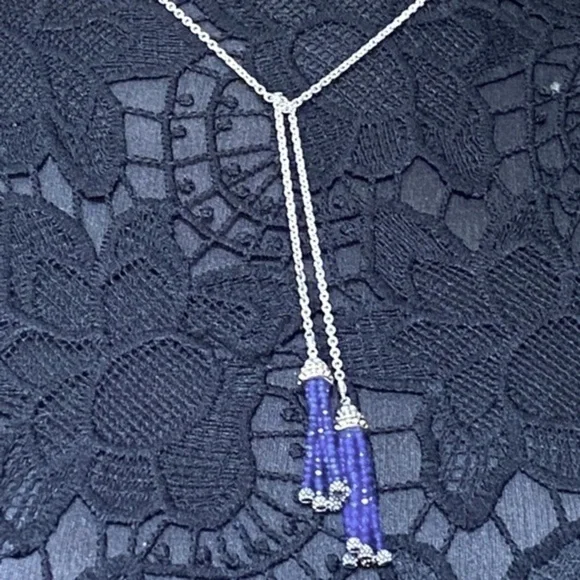 LAGOS Sterling Silver 18k Yellow Gold Caviar Icon Lapis Tassel Lariat Necklace